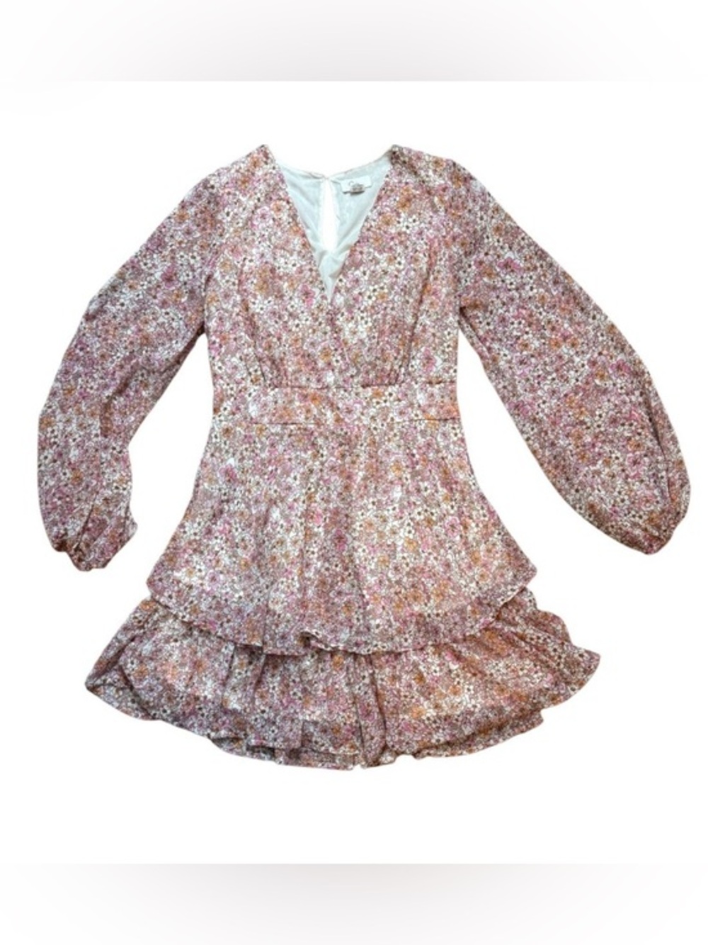 Japna Floral‎ Long Sleeve Tiered Ruffle Mini Dress Pink Size M Coquette Feminine - Picture 2 of 9